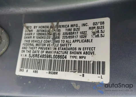 2008 Honda Cr-V Ex z USA, uszkodzony, nr VIN 5J6RE48598L008604